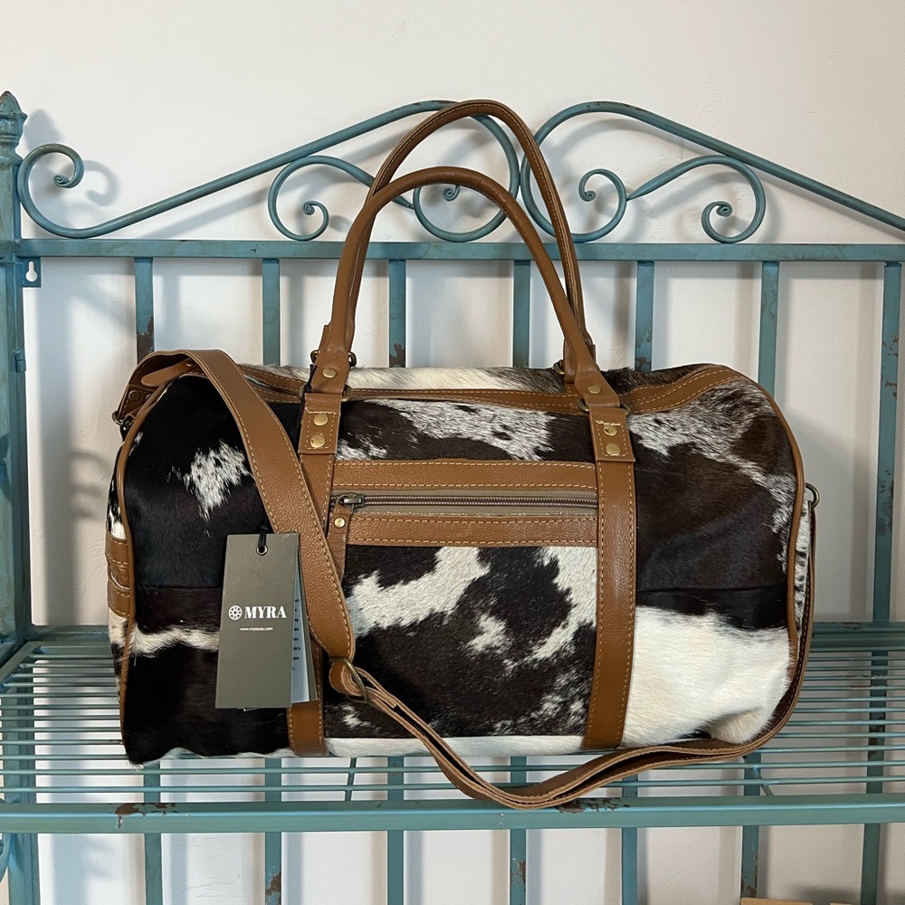 New Myra Bag Onyx Cowhide Leather Mini Small Duffel Western Travel Weekender - Picture 4 of 15